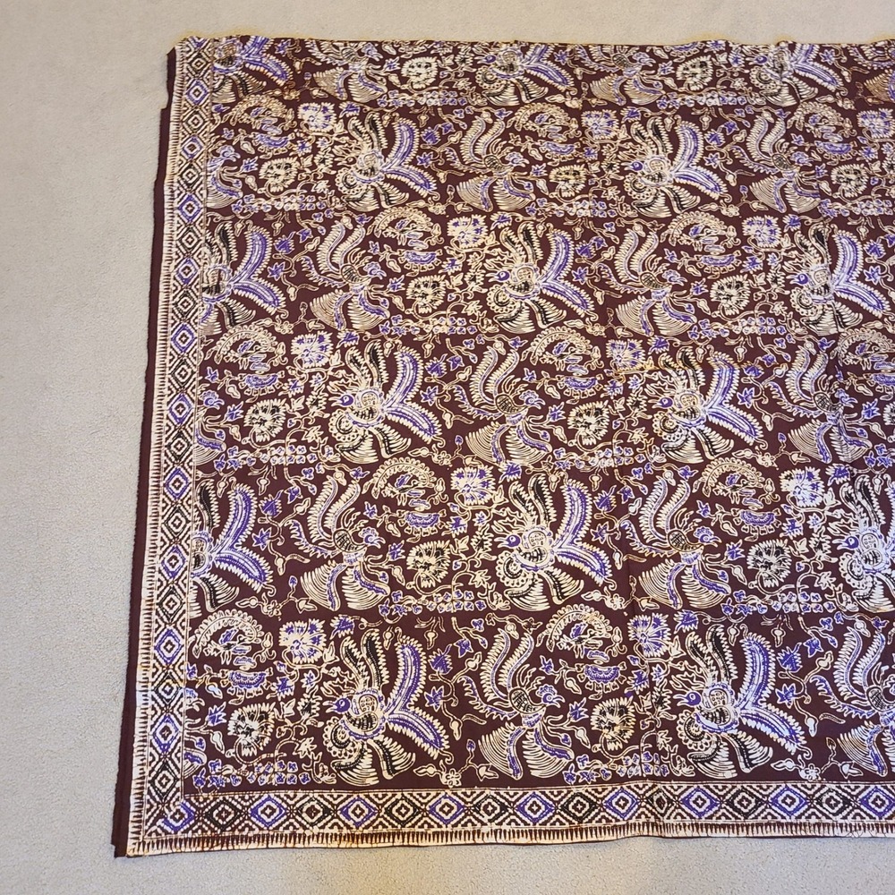 New Vtg Indonesian Batik Cotton Fabric Bird Floral Brown Purple 40.5x84 Sarong
